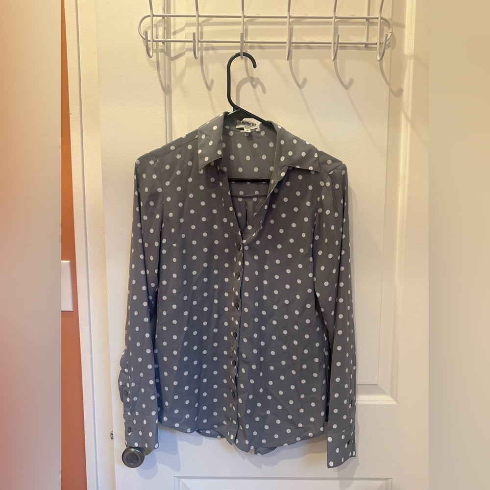 Express Gray and White Polka Dot Portofino Shirt